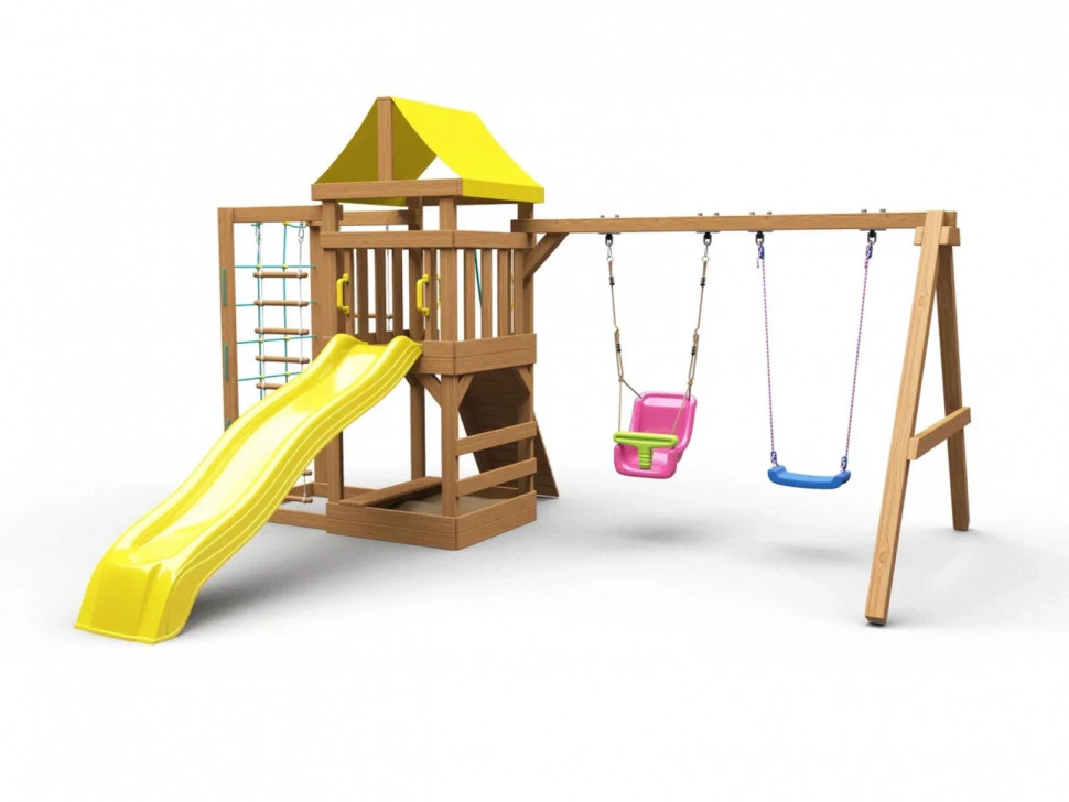 Детская площадка KD1-1 с желтой горкой и крышей, 1 качели лодочка + 1 качели кубельковые